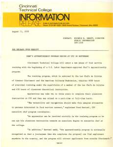 Press Release announcing the addition of the Chef Apprenticeship program - 8-11-1978